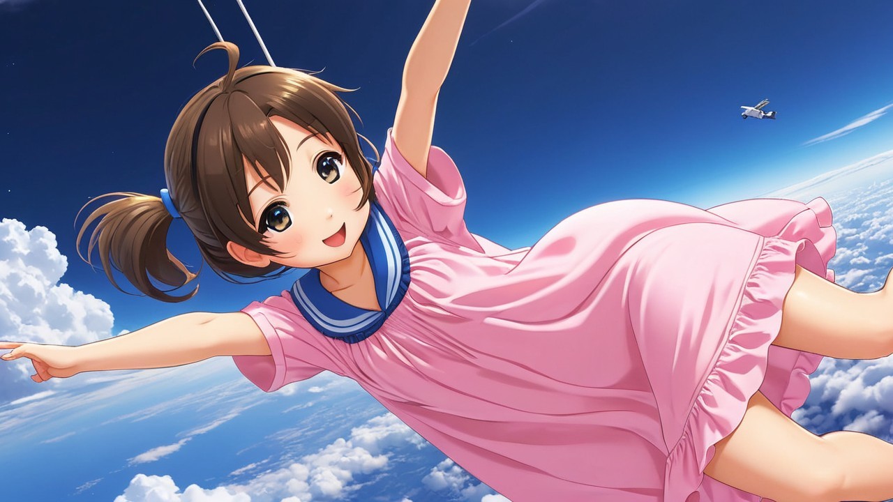 Cheerful girl in pink dress floating among clouds