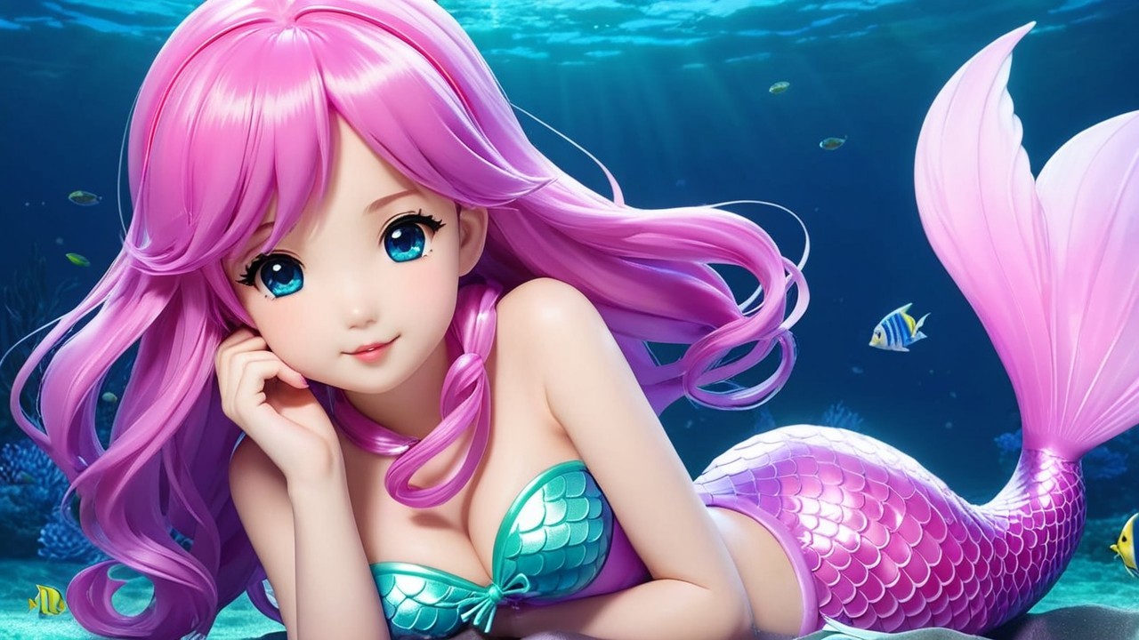 Underwater Scene with Mermaid and Colorful Marine Life