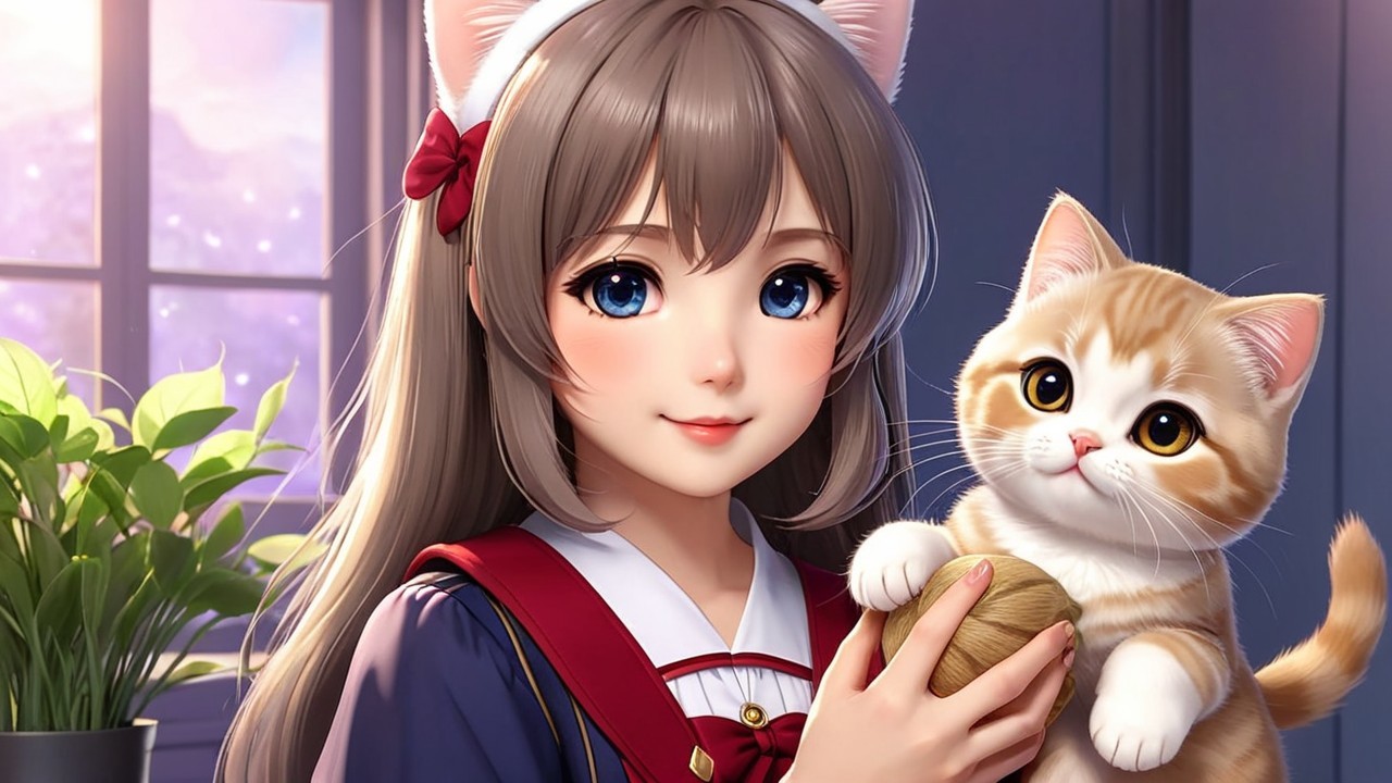 Young girl in school uniform with kitten in cozy setting