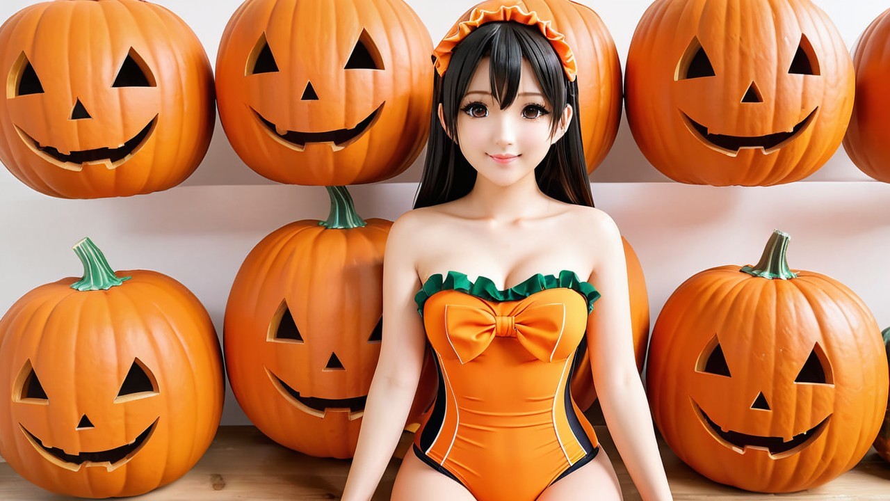Character in Orange Swimsuit Surrounded by Pumpkins