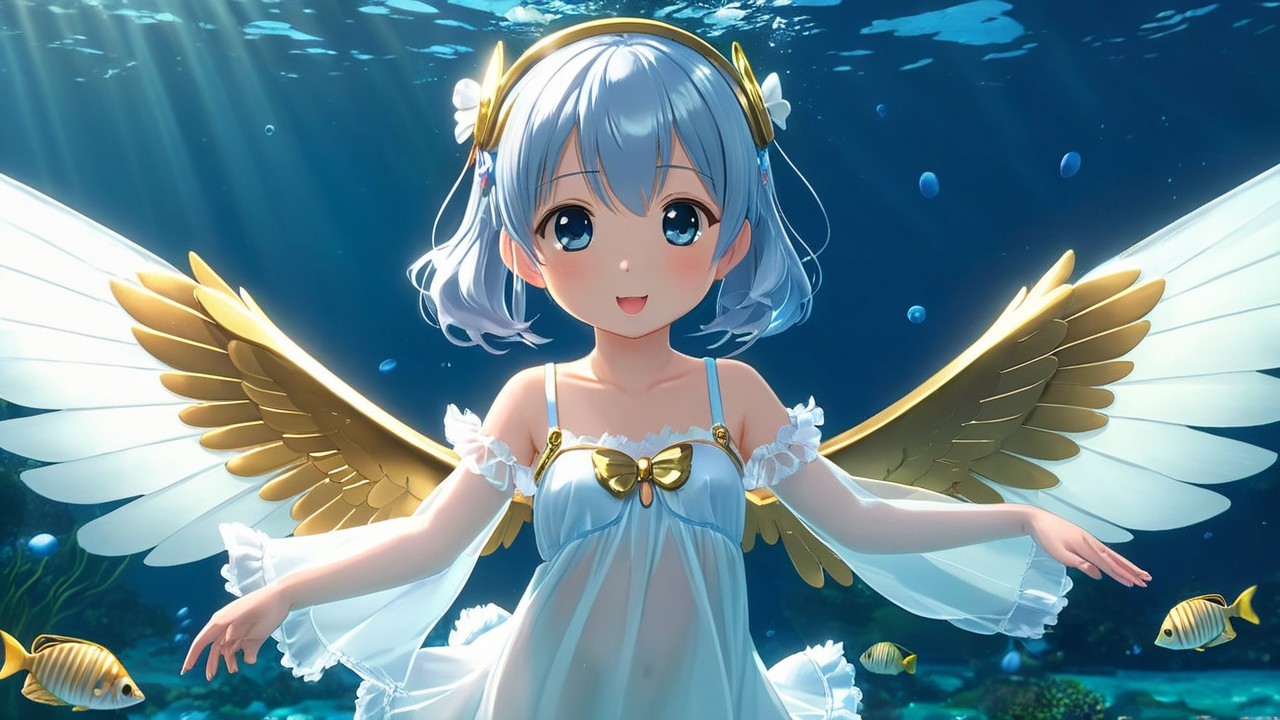 Cheerful anime character with blue hair and golden wings