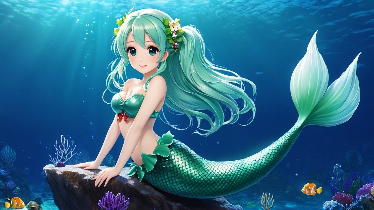 Vibrant Underwater Scene with Cheerful Mermaid