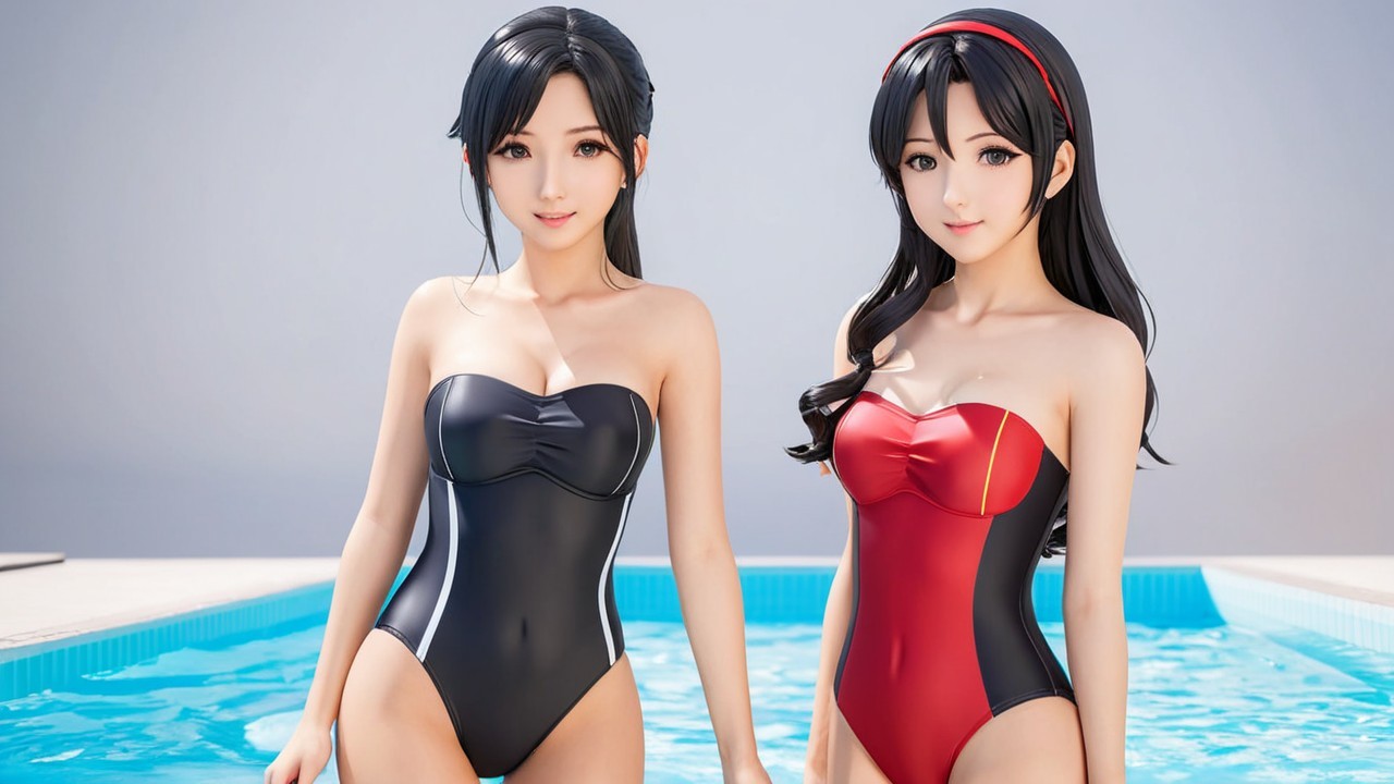 Women in Stylish Swimsuits by a Swimming Pool