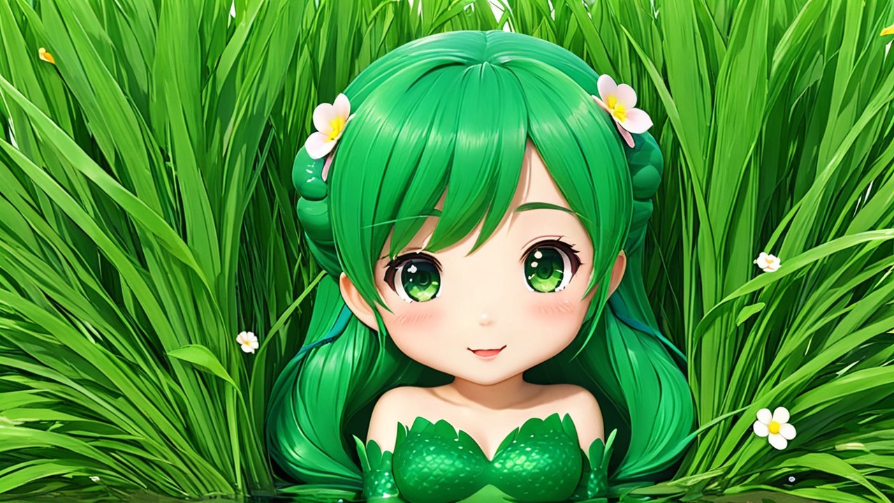 Animated character with green hair in lush grass