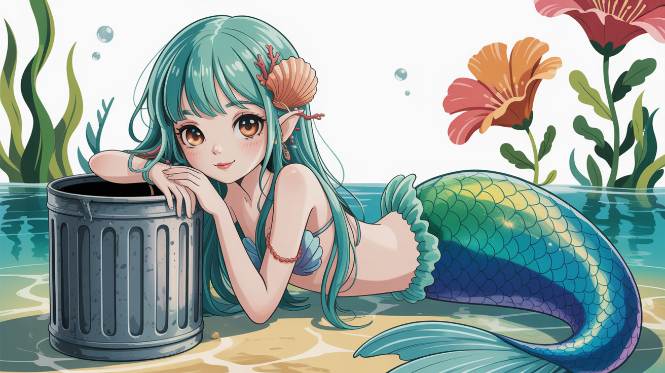 Anime-style mermaid with teal hair and colorful tail