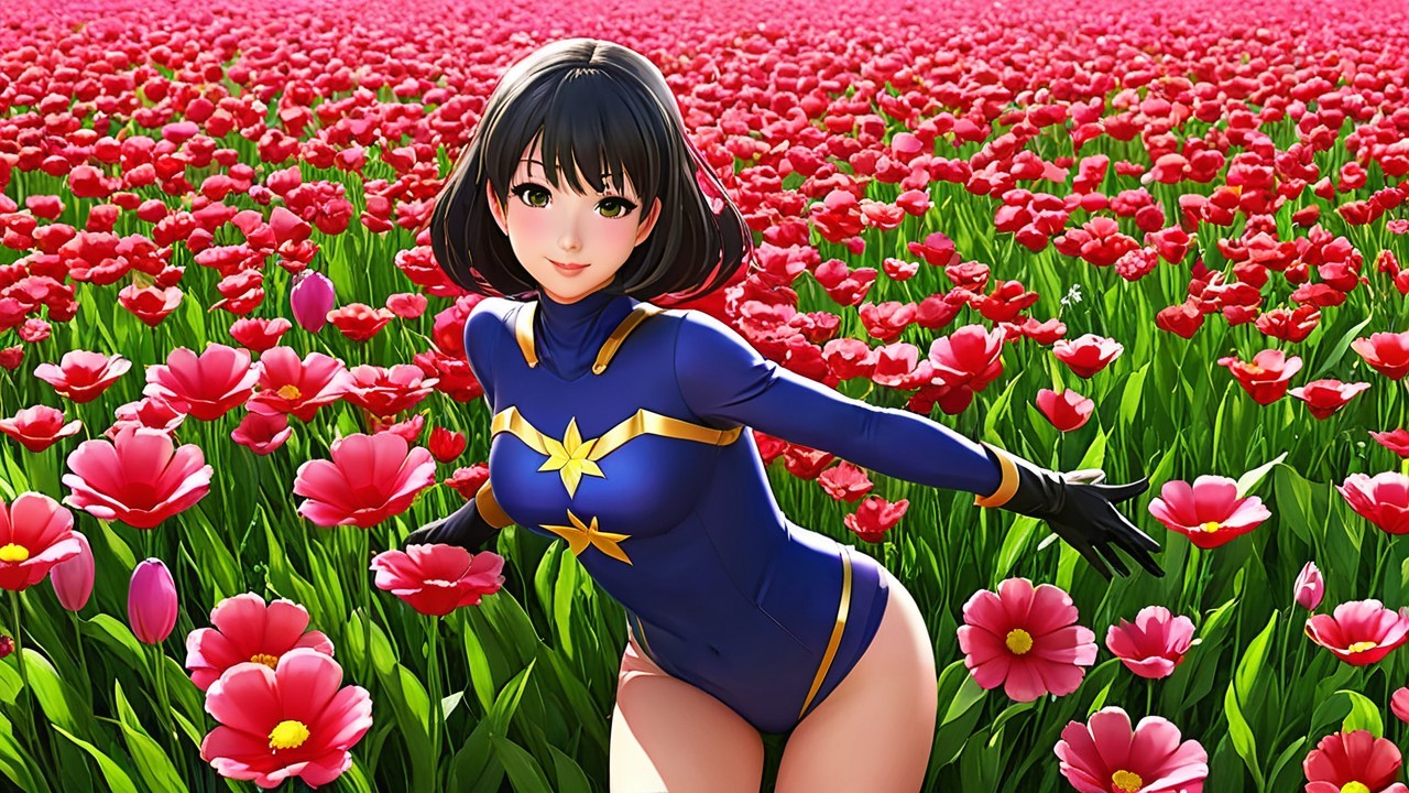 Vibrant Field of Pink Flowers with Superhero Character