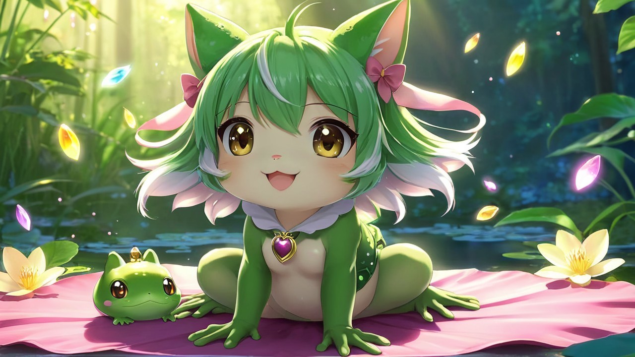 Anthropomorphic Green Frog Character on Pink Mat