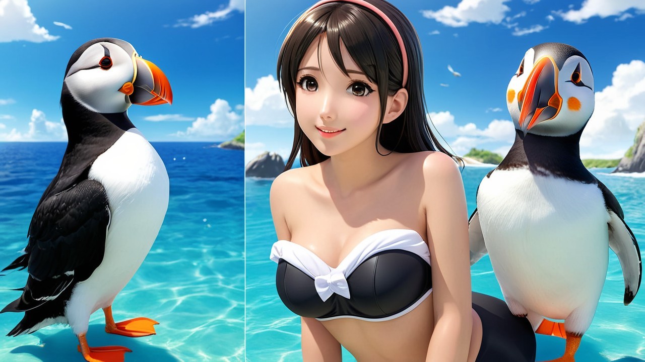 Anime-Style Girl by the Sea with Playful Puffins