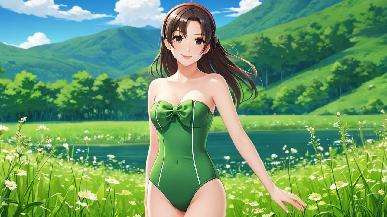 Cheerful woman in green swimsuit in lush landscape