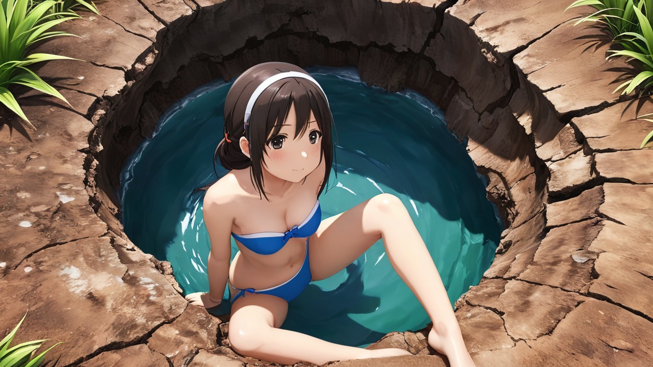 Young girl in blue bikini by clear water hole