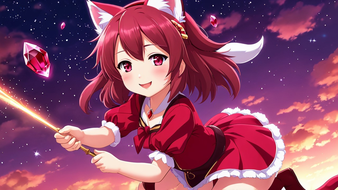 Cheerful anime girl with fox features in sunset scene
