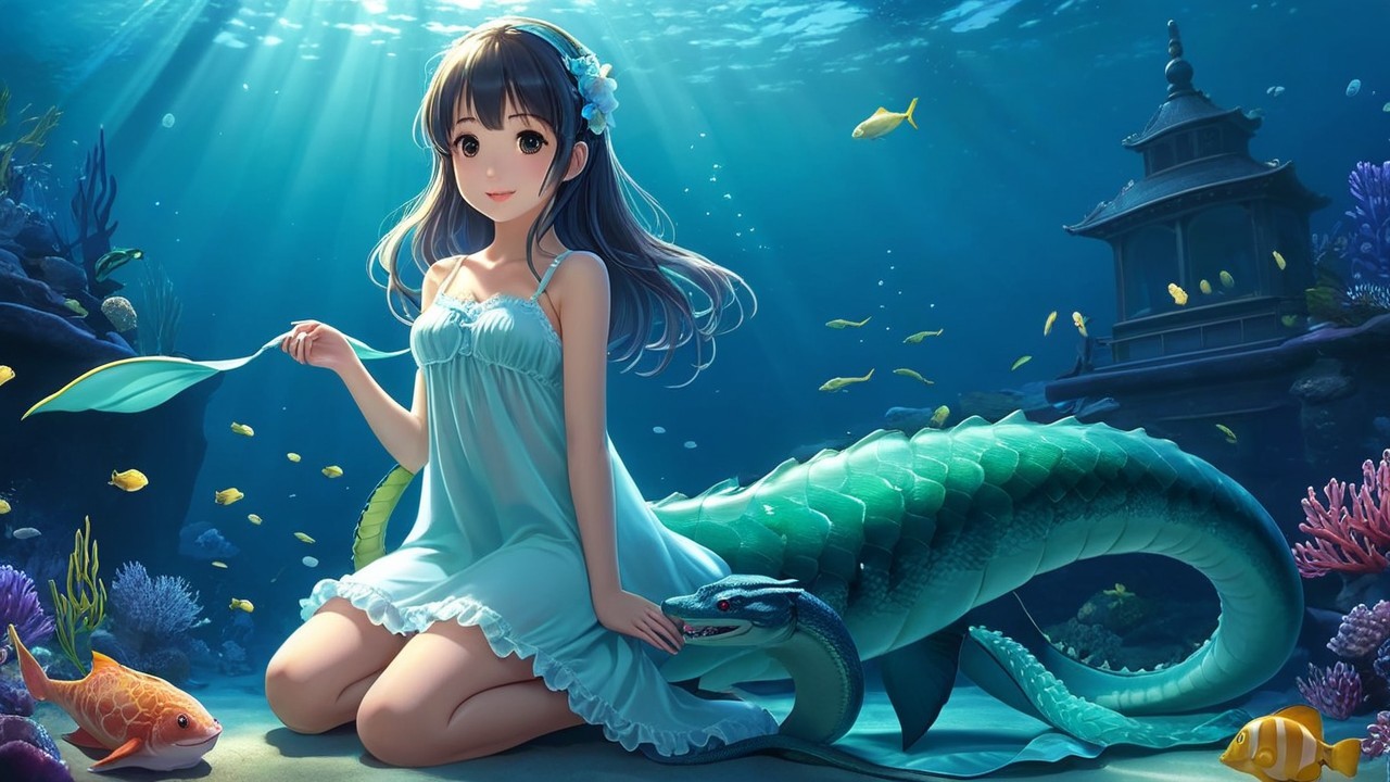 Underwater Scene with Girl, Fish, and Mythical Creature