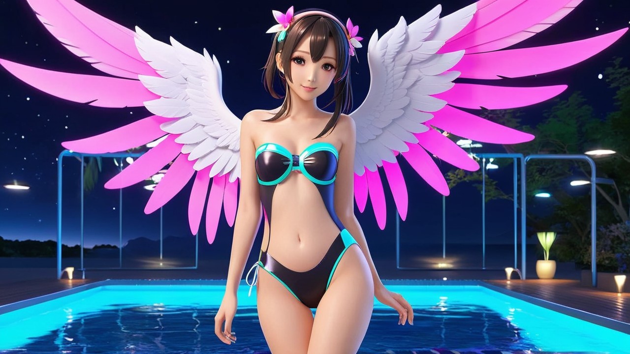 Character with Pink Angel Wings by a Shimmering Pool