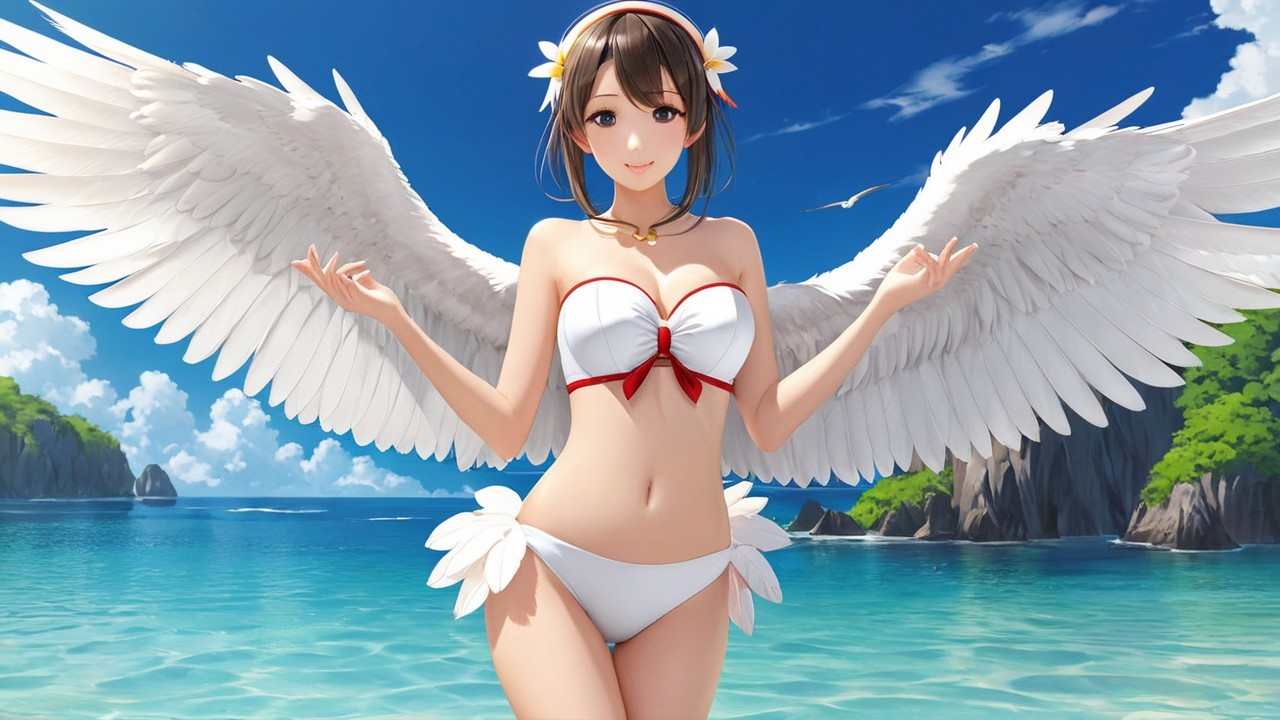 Anime character in a bikini with wings on a beach