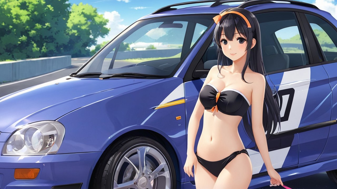 Young woman in black bikini beside sporty blue car