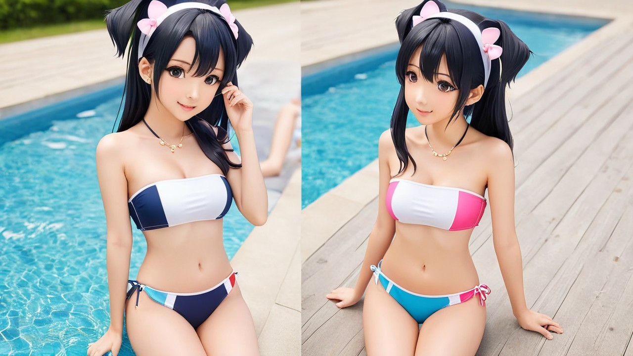Young woman in colorful swimsuit by swimming pool