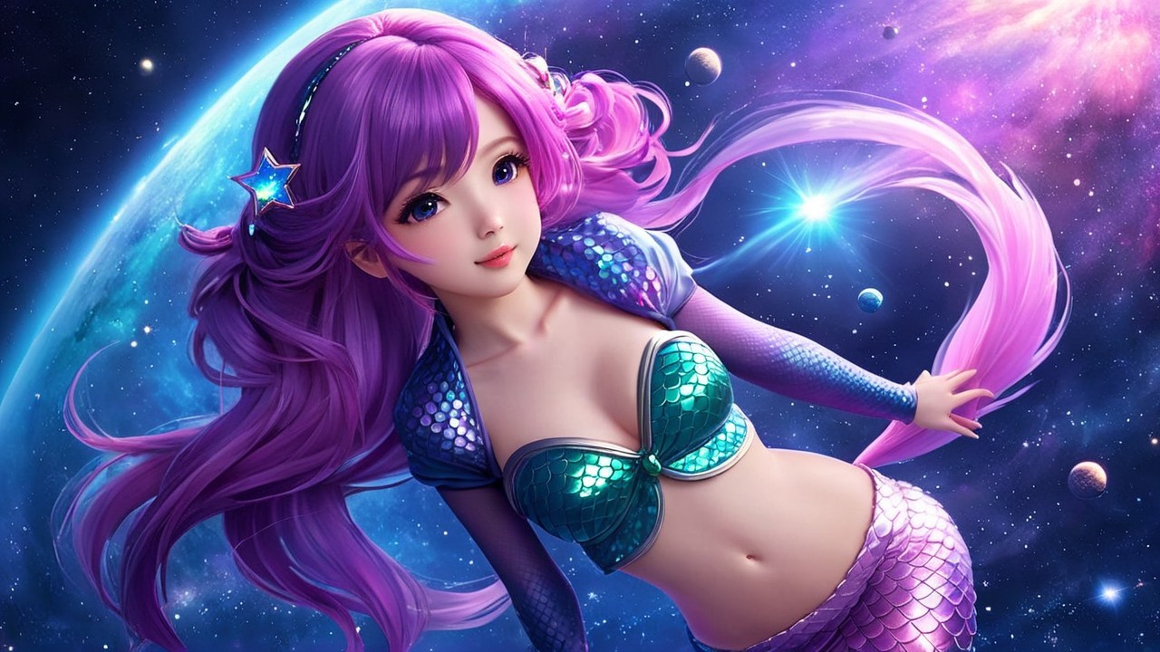 Fantasy Character with Purple Hair and Cosmic Background