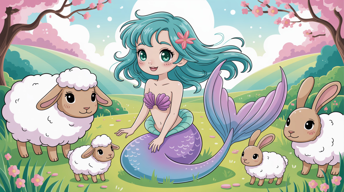 Cartoon Mermaid in Meadow with Sheep and Rabbits