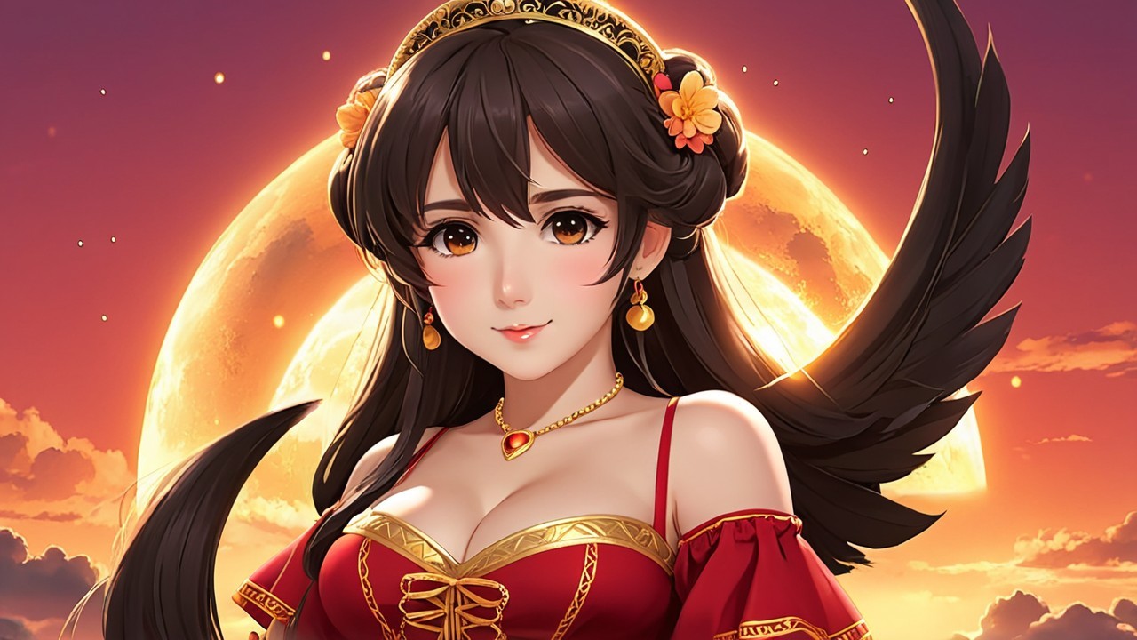 Illustration of a character in a red dress with flowers