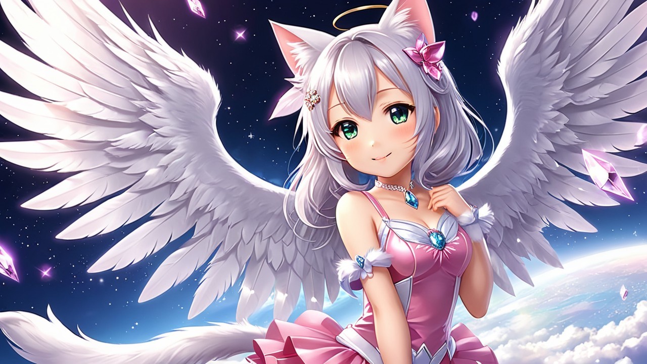 Whimsical Character with Cat Ears and Angel Wings