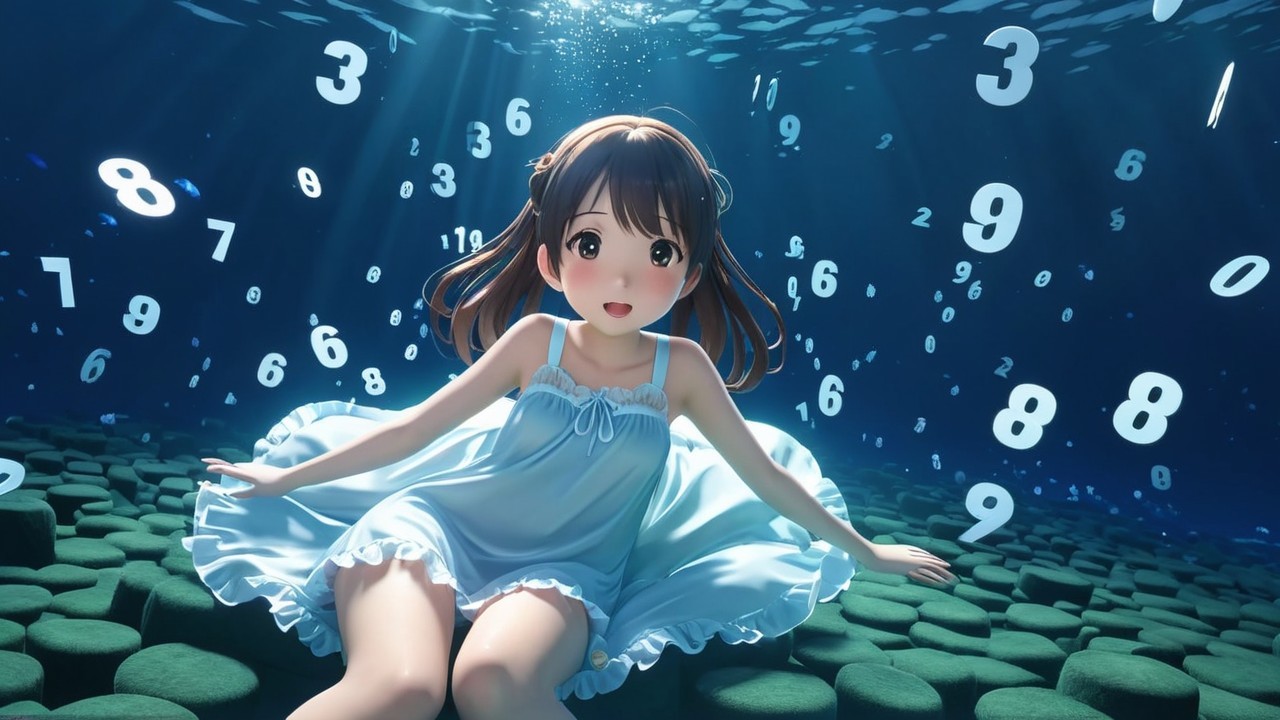 Whimsical Underwater Scene with Girl and Floating Numbers