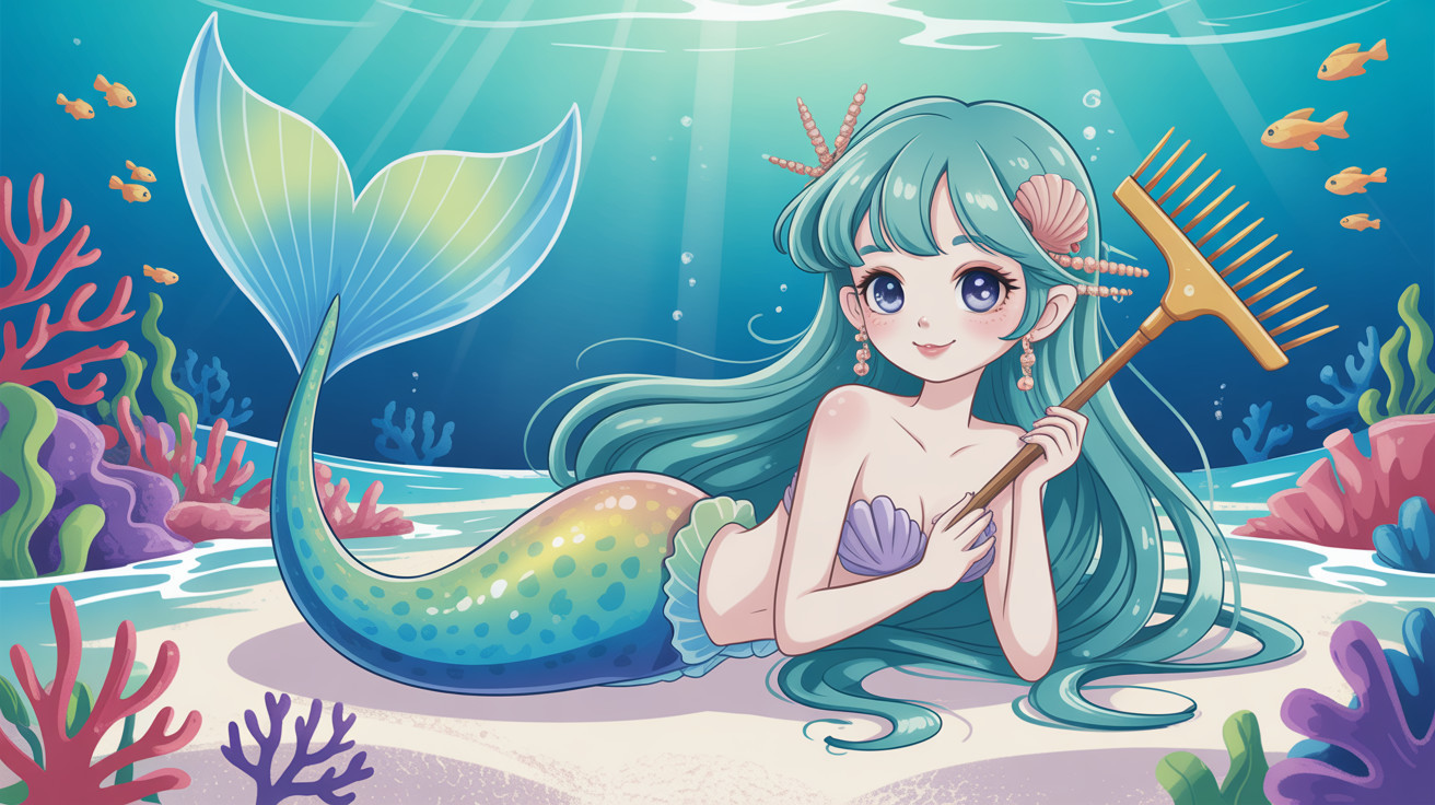 Colorful Cartoon Mermaid Illustration on Ocean Floor
