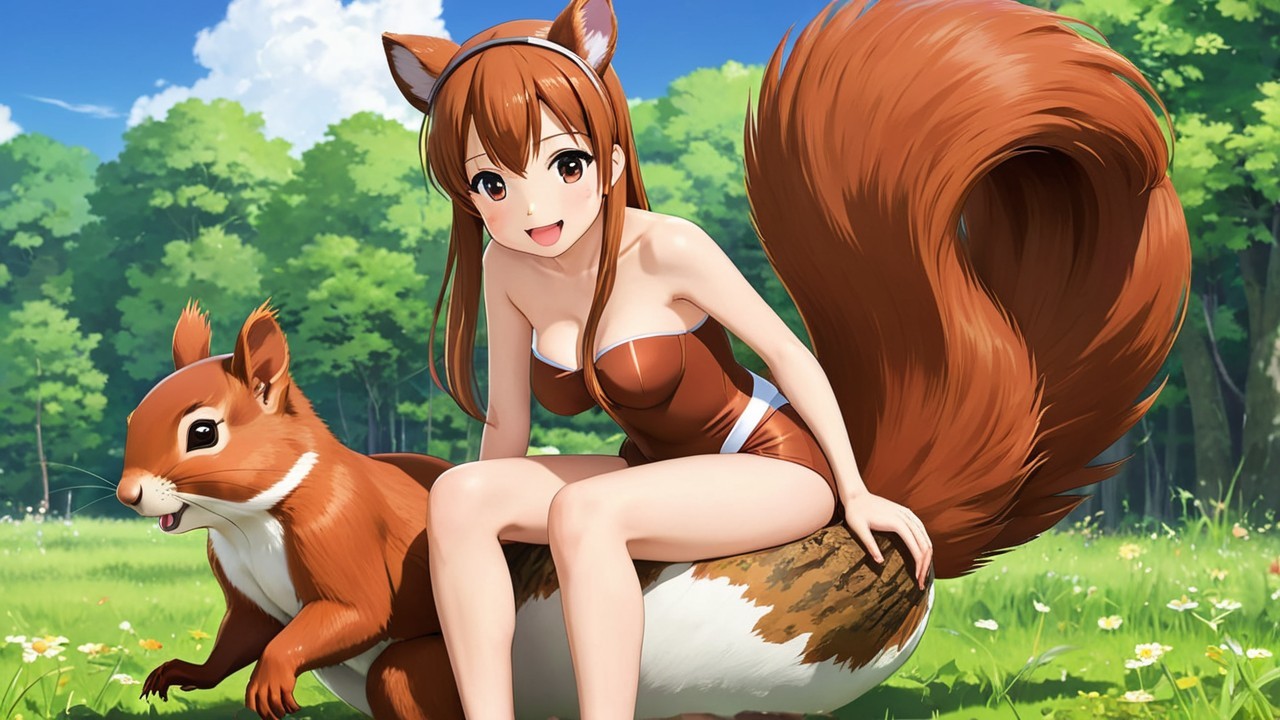 Whimsical Scene of Girl Riding a Friendly Squirrel