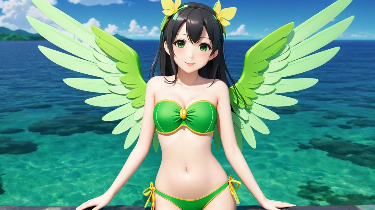 Anime Character at Ocean in Green Bikini with Wings