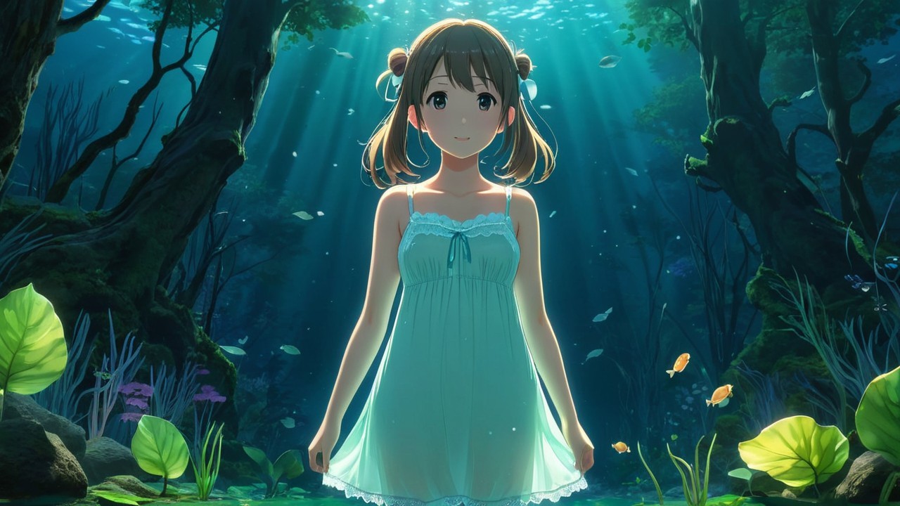 Underwater Scene with Girl and Aquatic Plants
