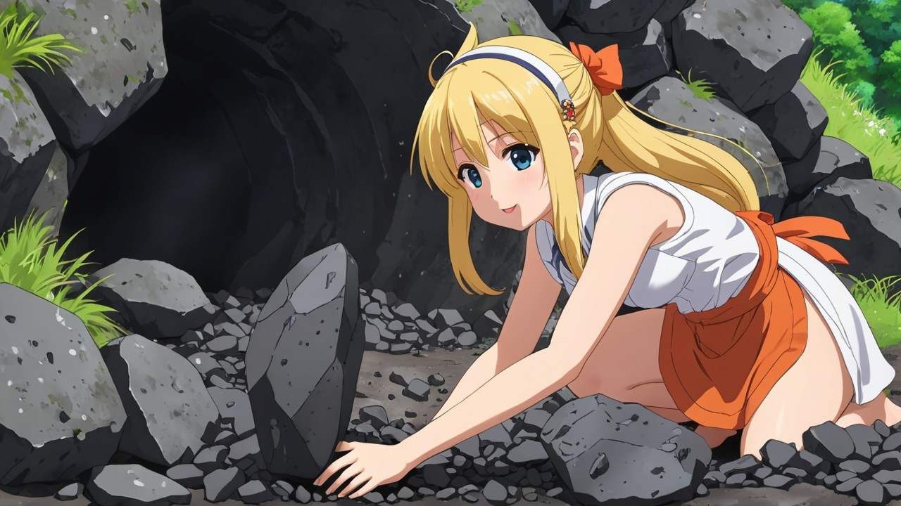 Cheerful girl exploring a cave entrance in nature