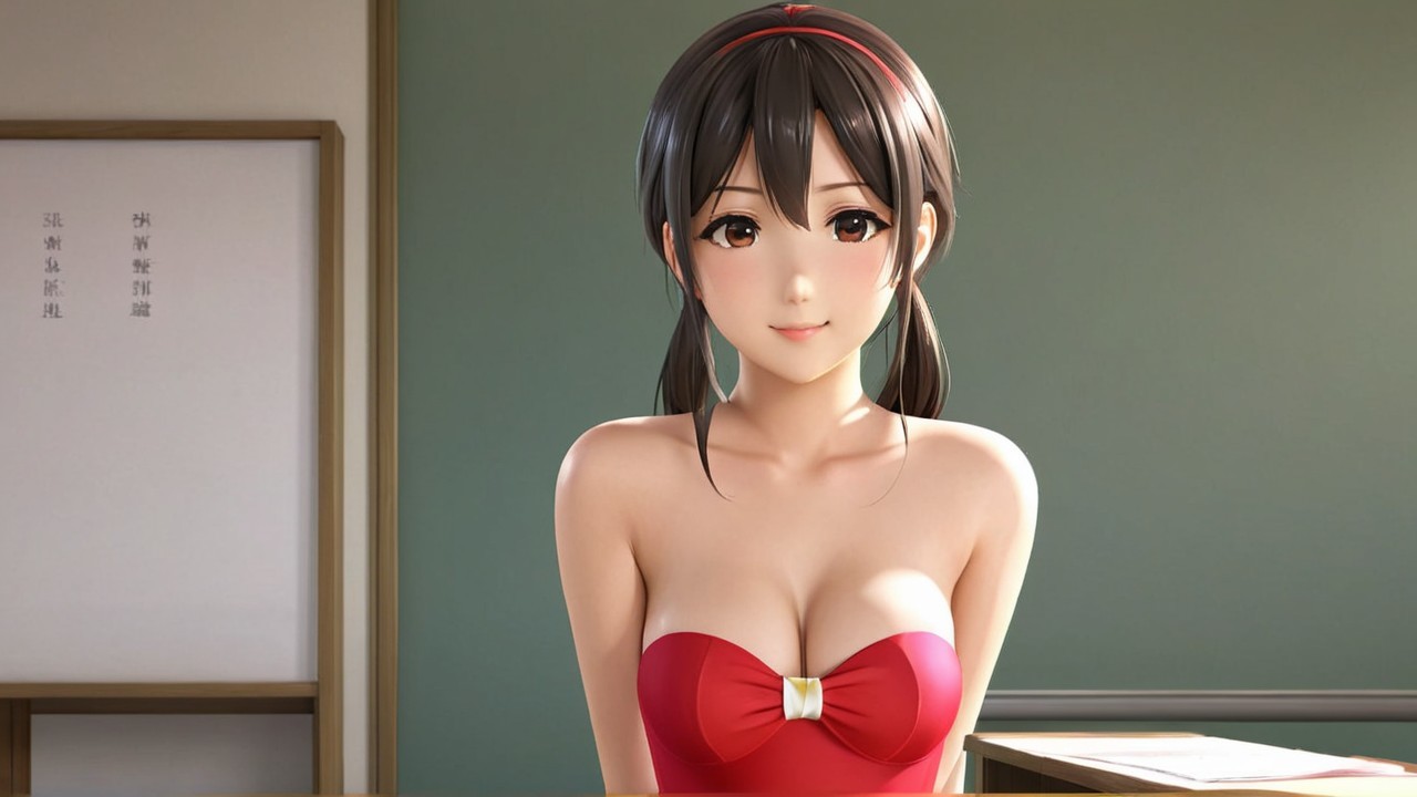 Stylized Character in Vibrant Red Outfit in Classroom