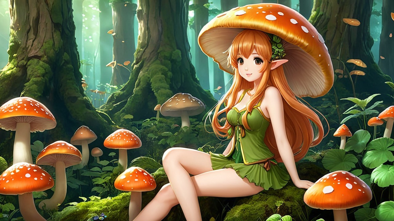 Young woman in enchanted forest with mushrooms and sunlight