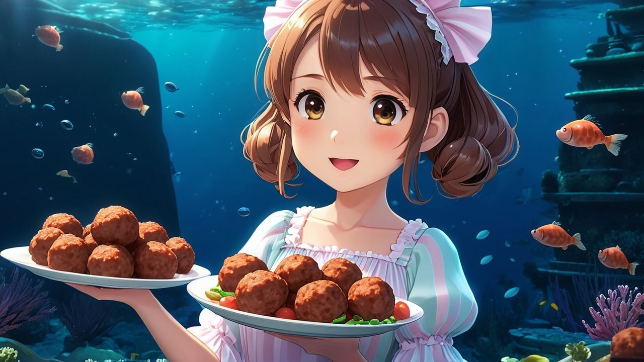 Cheerful Girl in Pink Outfit Underwater with Meatballs