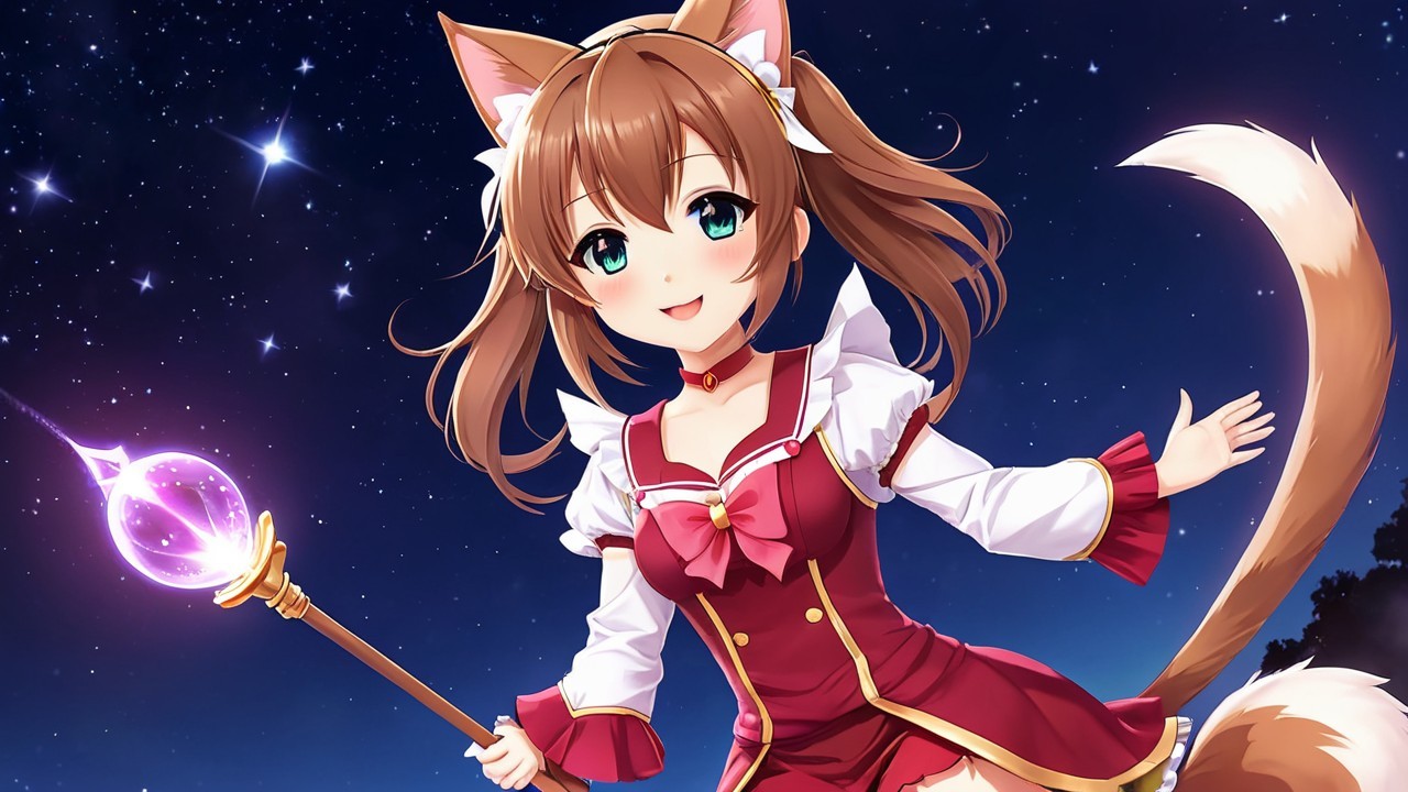 Cheerful anime character with cat features under stars