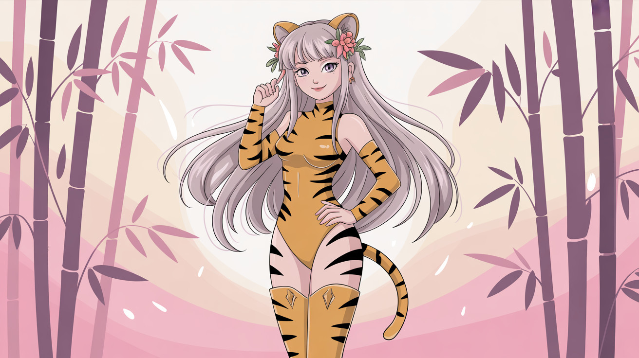 Anime girl in tiger-print bodysuit in bamboo forest