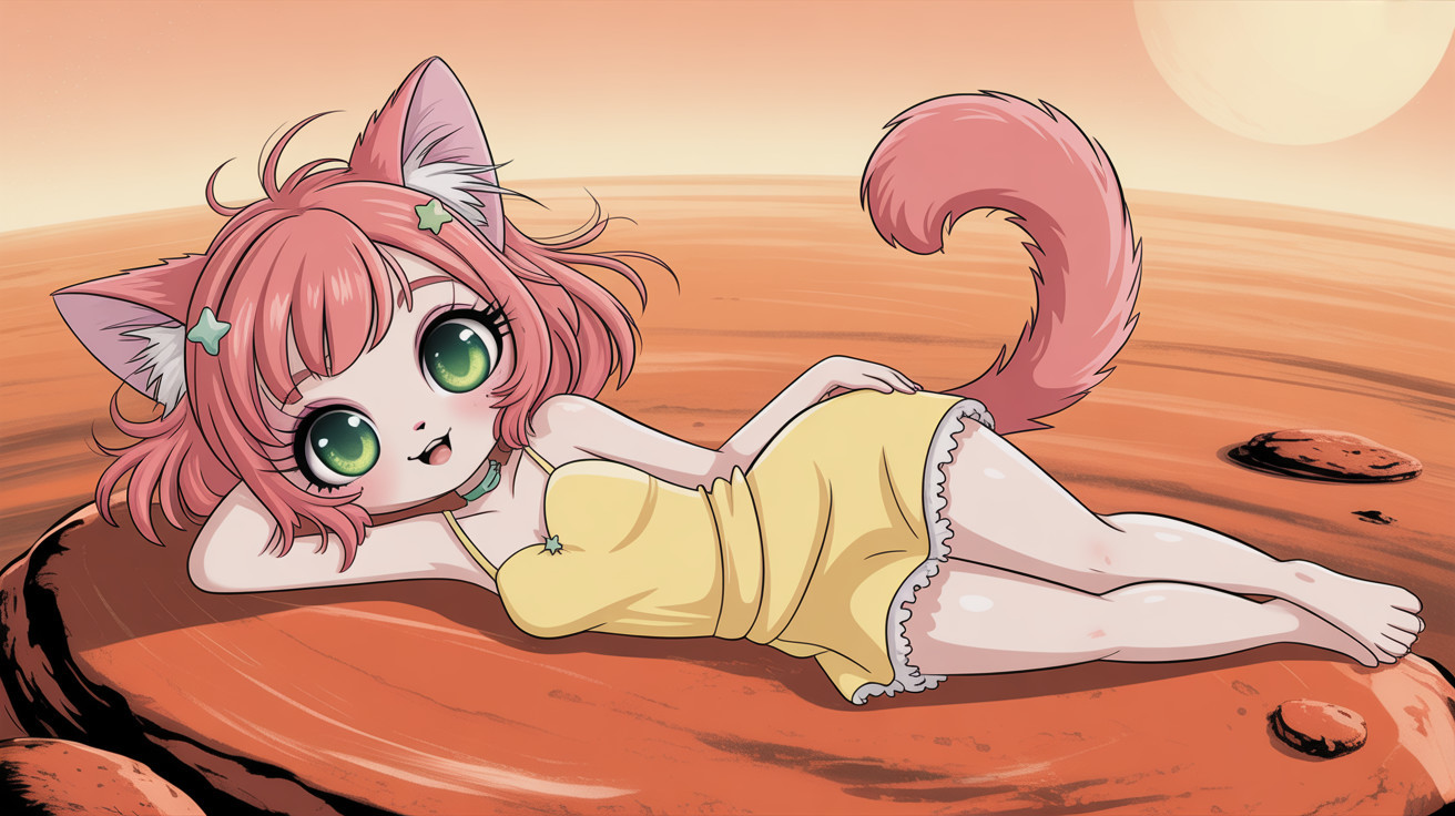 Cheerful anime cat girl with pink hair and dress