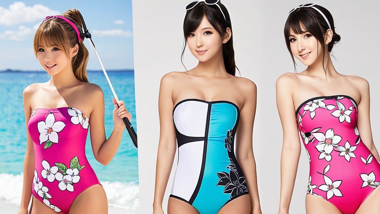 Colorful Swimsuits Showcased by Three Individuals