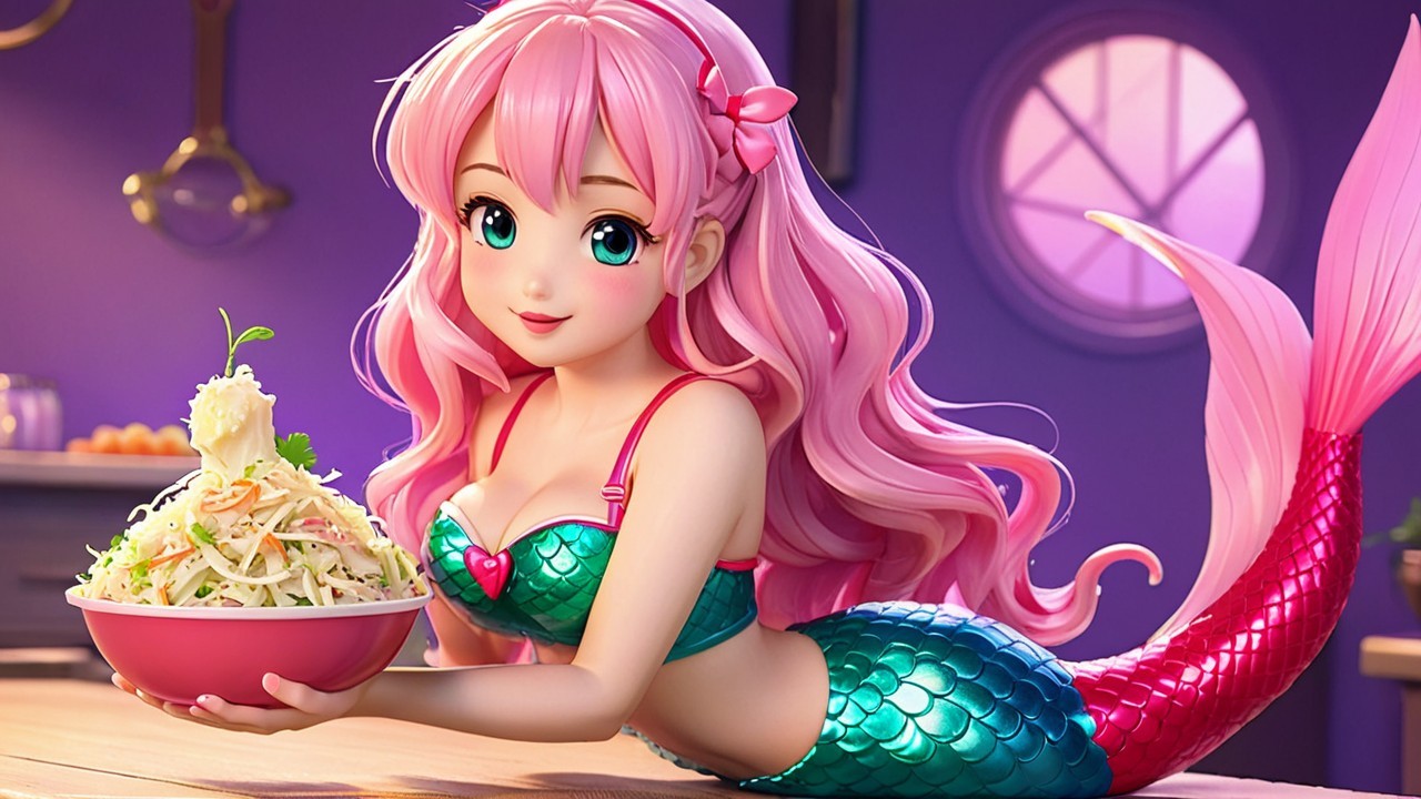 Animated Mermaid with Pink Hair in Cozy Kitchen