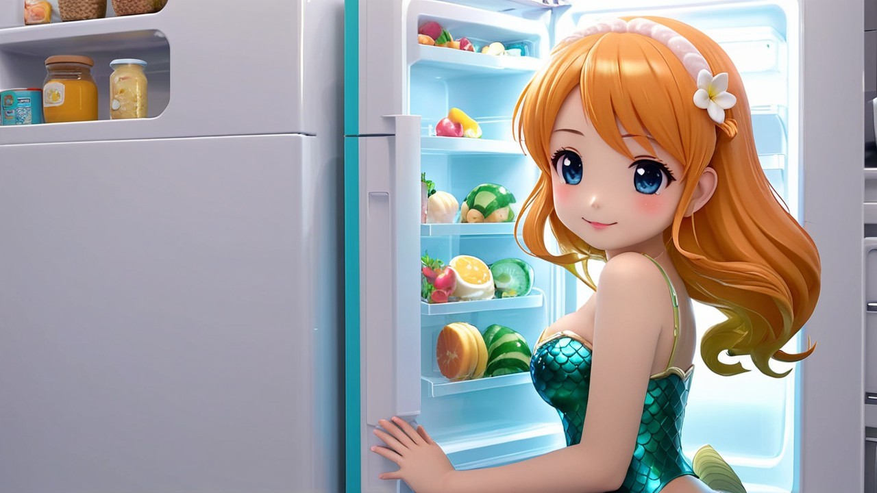 Cheerful Anime Girl in Colorful Kitchen with Fridge