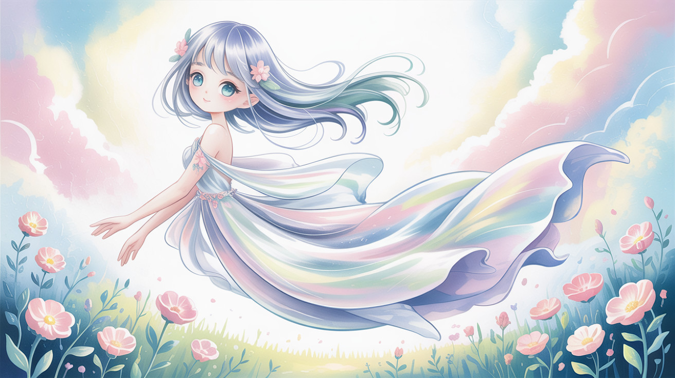 Anime Illustration of a Girl in Pastel Rainbow Dress