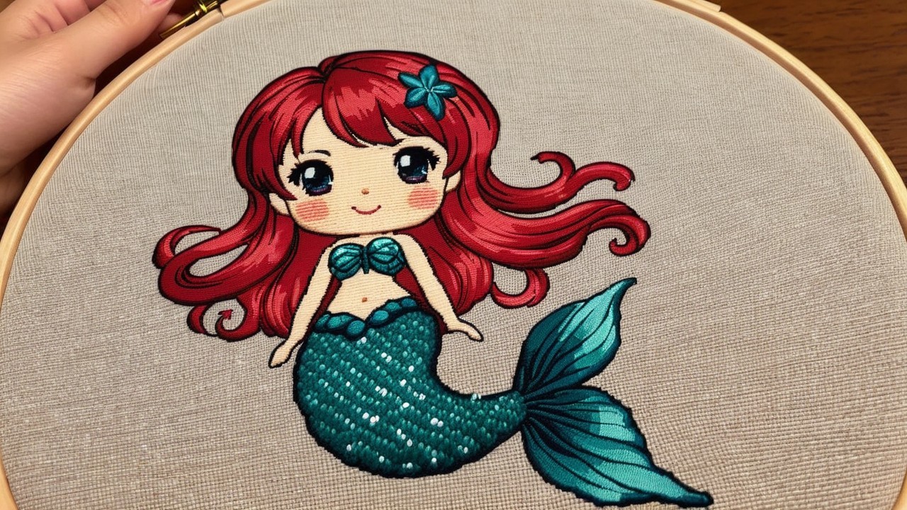 Colorful Embroidered Mermaid Design in Wooden Hoop