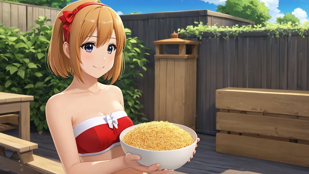 Cheerful woman in bikini with bowl of grains outdoors