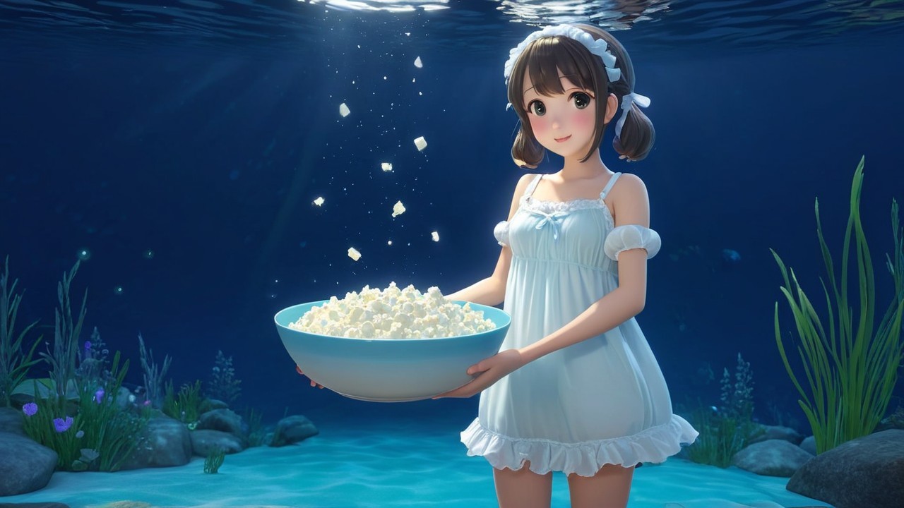 Cheerful girl underwater with popcorn in light blue gown