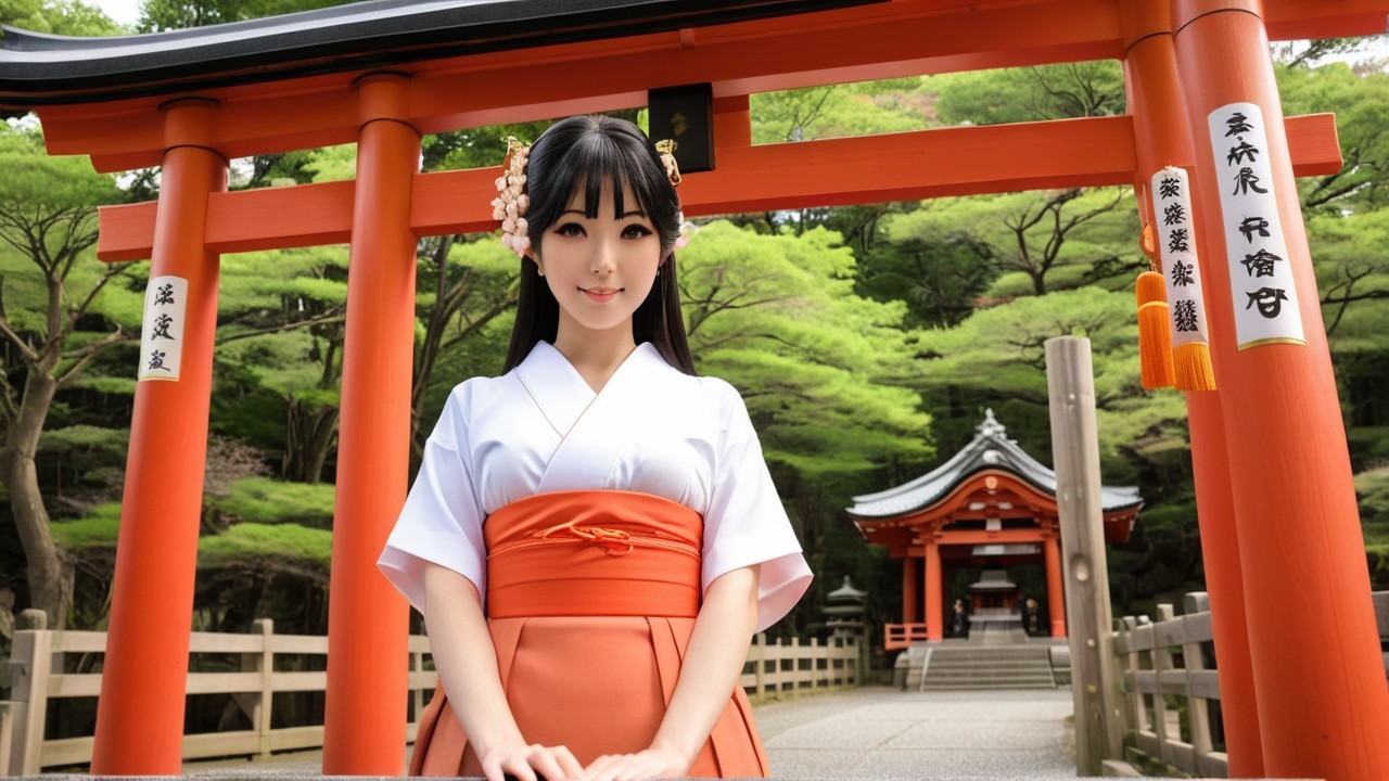 Young Woman in Kimono at Red Torii Gate