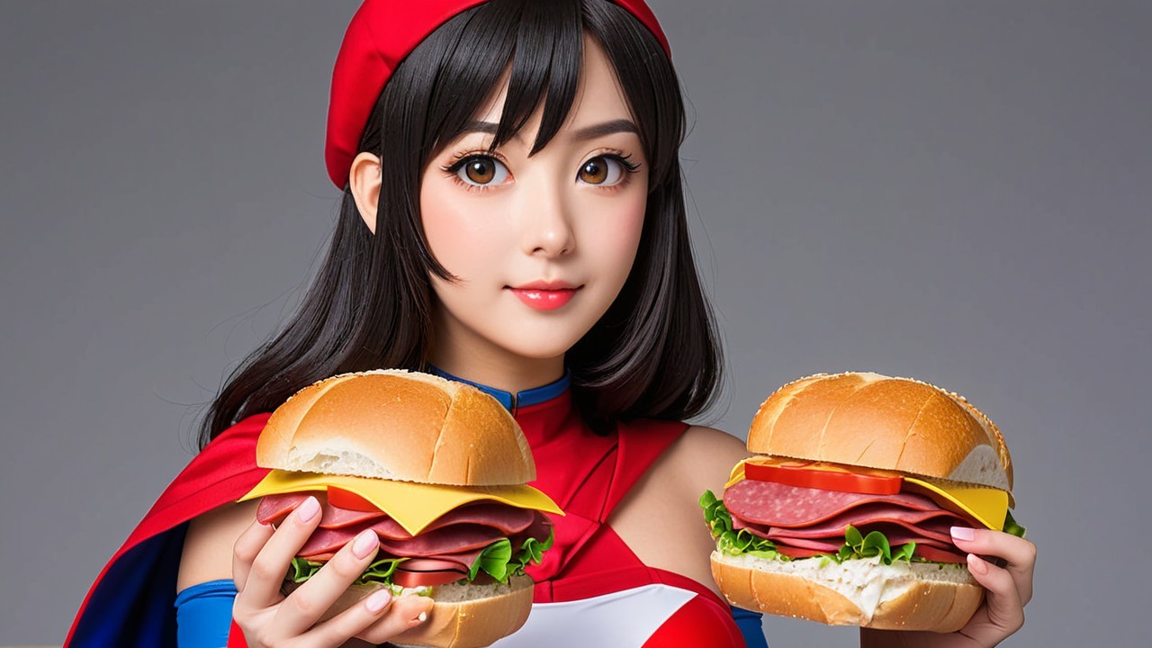 Young Woman in Superhero Outfit with Oversized Sandwiches