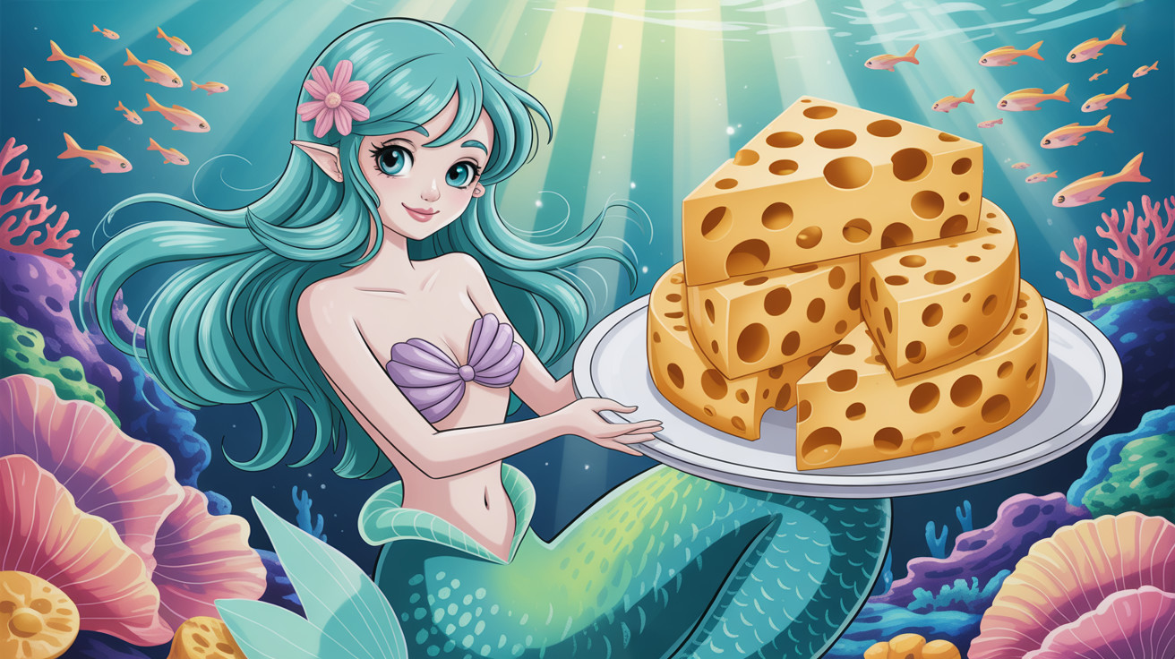 Mermaid with Swiss Cheese in Underwater Scene
