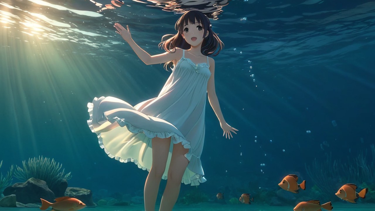 Underwater Scene of Girl in White Dress with Fish