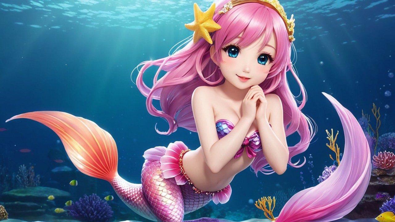 Whimsical Underwater Scene with Cheerful Mermaid