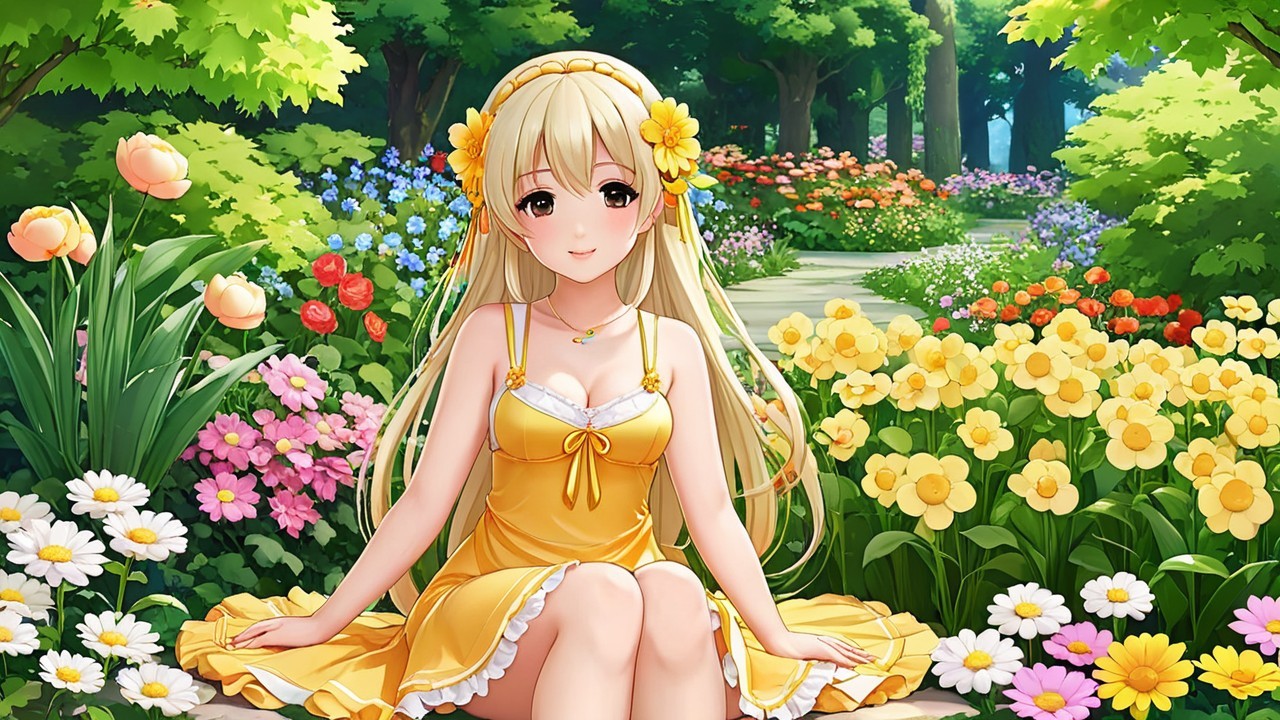 Young girl in yellow dress among vibrant garden blooms