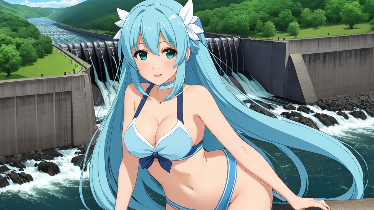 Character with Blue Hair by a Waterfall Scene